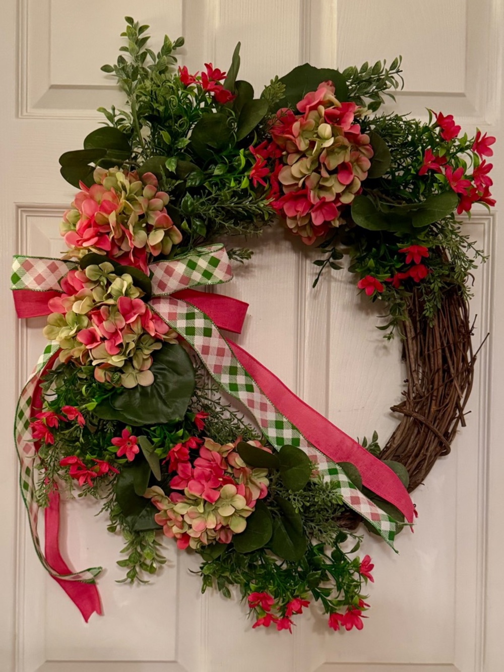 Grapevine wreath: Green and Pink Hydrangea Wreath with Ribbon